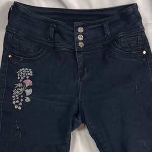 Alice Super Skinny High Rise 3 Button Navy Stretch Jeans 36 Floral Embroidered